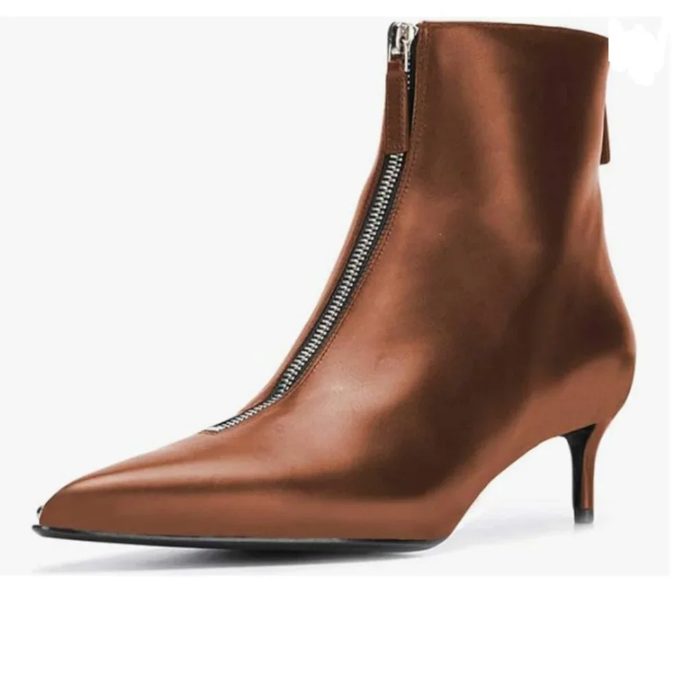 XYD Chocolate Front Rear Double Zips Ankle Boots Pointed Toe Low Thin Heel Shoes